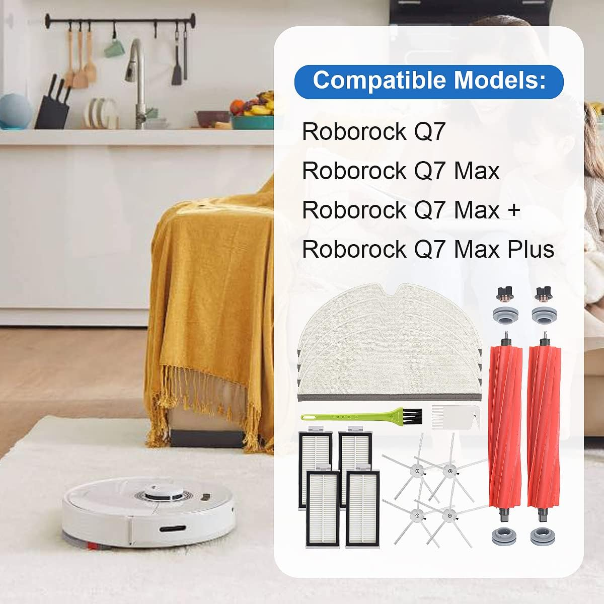 Biały robot sprzątający, akcesoria do czyszczenia i lista kompatybilnych modeli na białym tle.