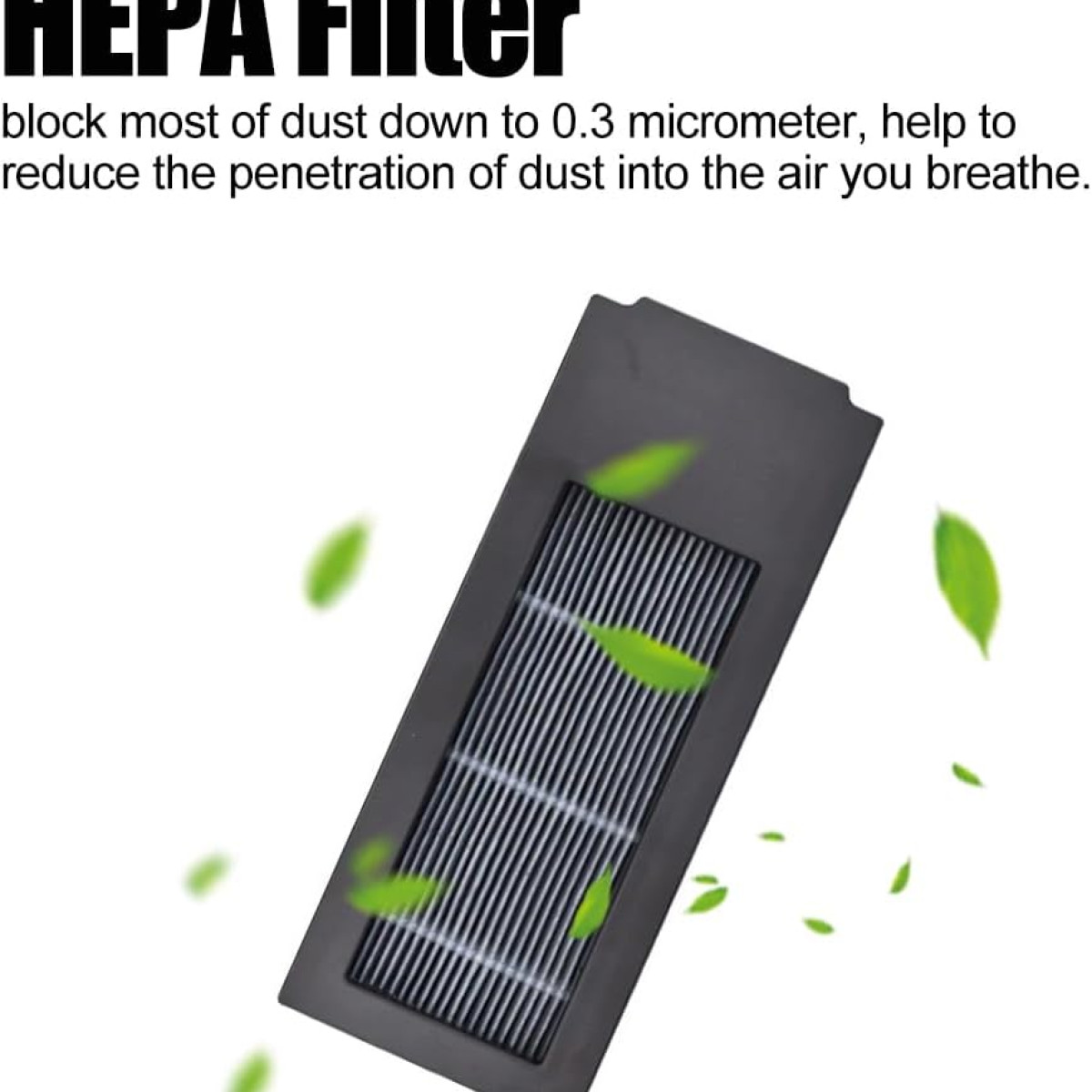 Czarny filtr HEPA z zielonymi liśćmi wokół niego. Filtr ma metalową kratkę.