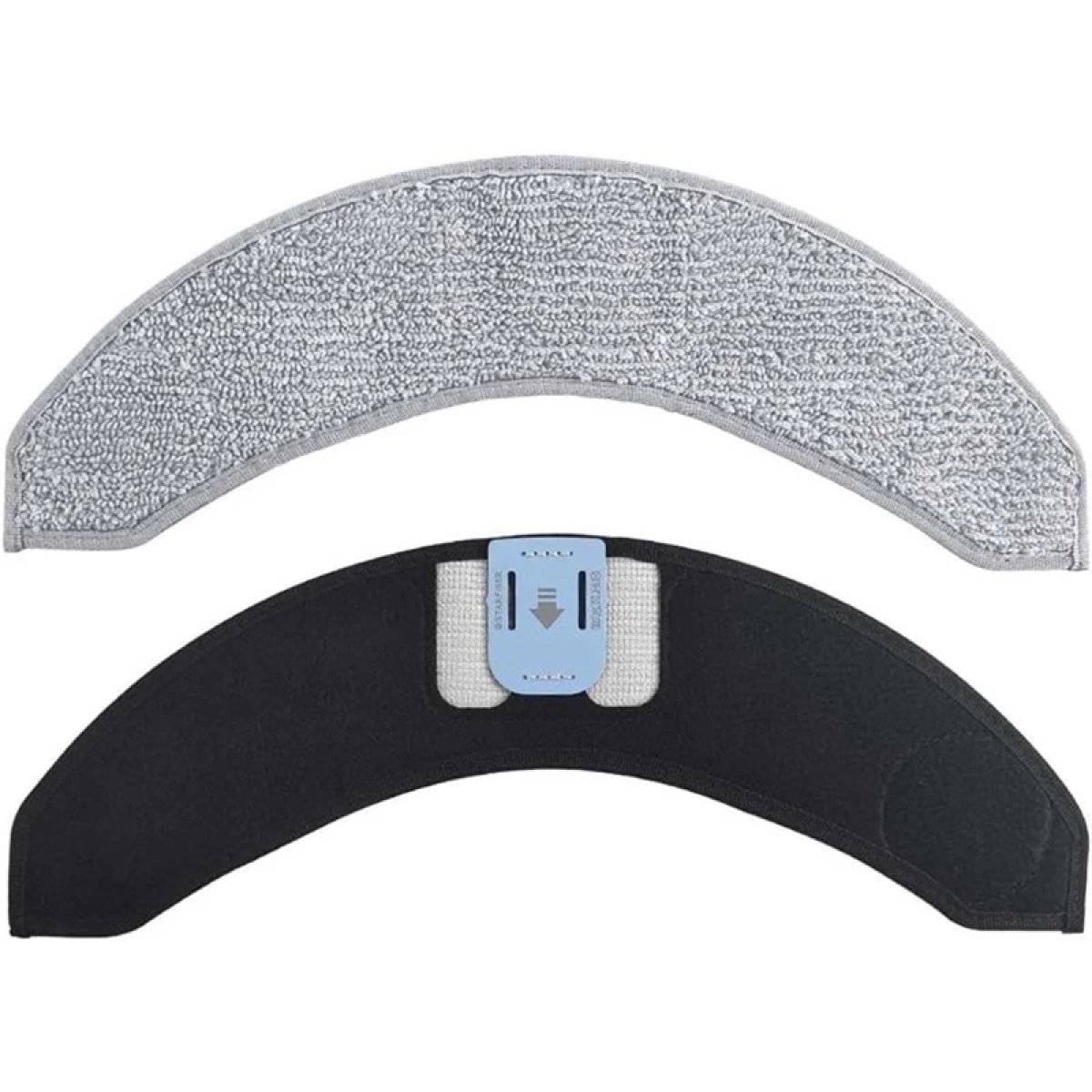 Zwei Reinigungspads, grau und schwarz, mit blauem Aufsatz. Oberes Pad strukturiert, unteres glatt.