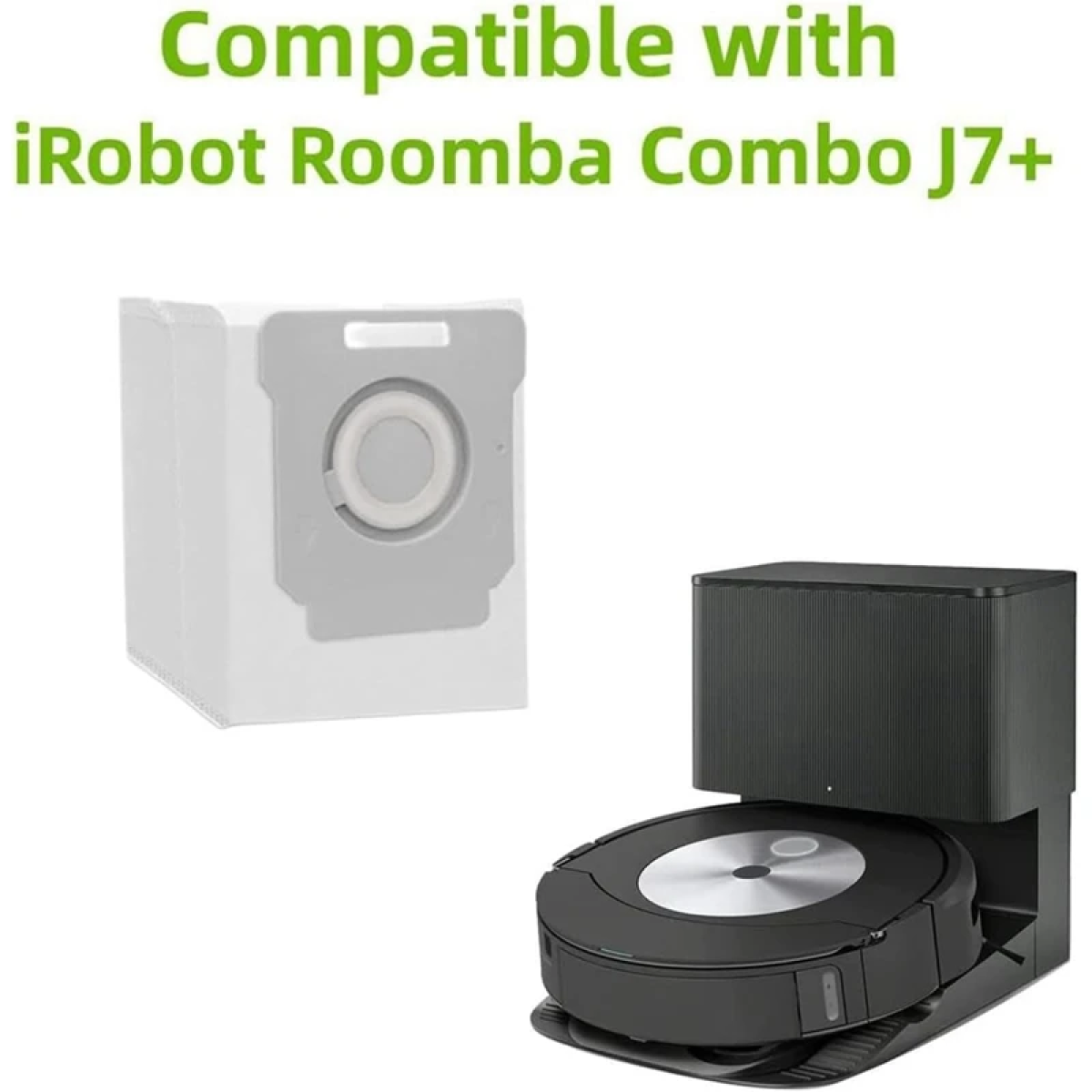 Weißer Reinigungsbeutel und ein schwarzer Roomba-Roboter mit Ladestation. Text: Kompatibel mit iRobot Roomba Combo J7+.