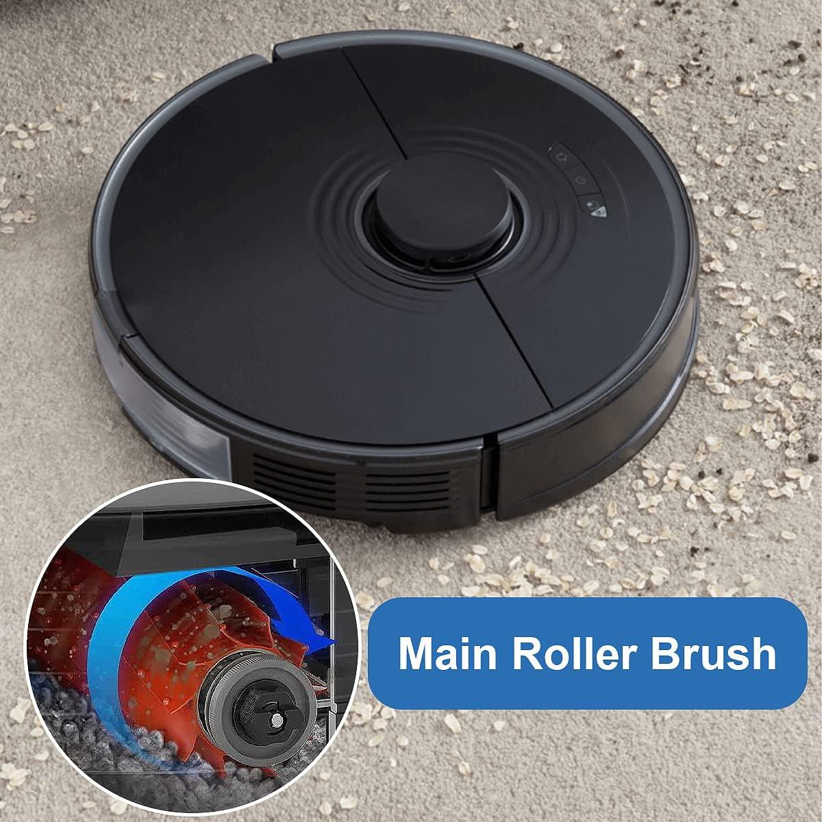 Czarny odkurzacz robot na powierzchni. Pokazuje szczegóły szczotki głównej.