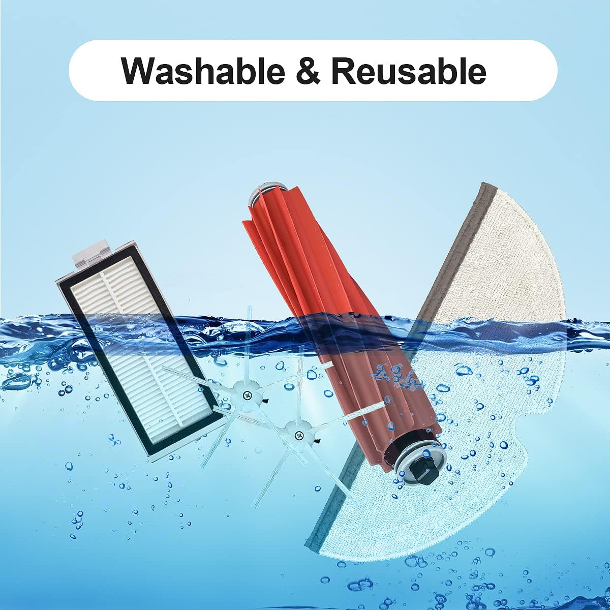 Schemat części odkurzacza w wodzie, w tym filtr, wałek szczotki i nakładka do mopa.