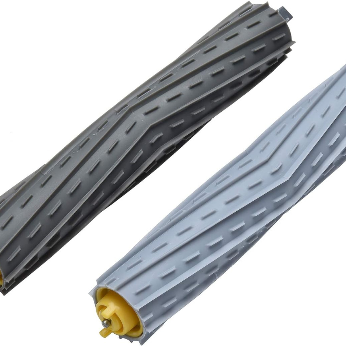 Dwie szczotki do robota odkurzającego, jedna szara, jedna czarna, z żółtymi elementami.