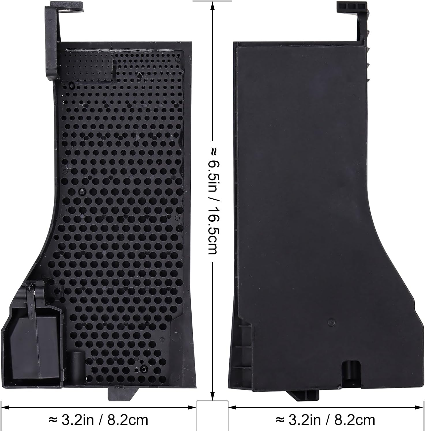 Dwa czarne elementy filtra powietrza. Jeden pokazuje perforowaną powierzchnię, drugi wymiary.