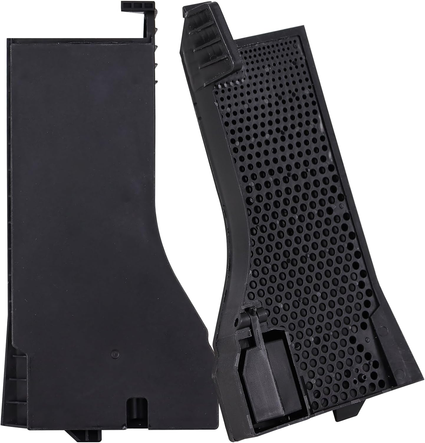 Dwa czarne elementy z tworzywa sztucznego z otworami i mechanizmem montażu.