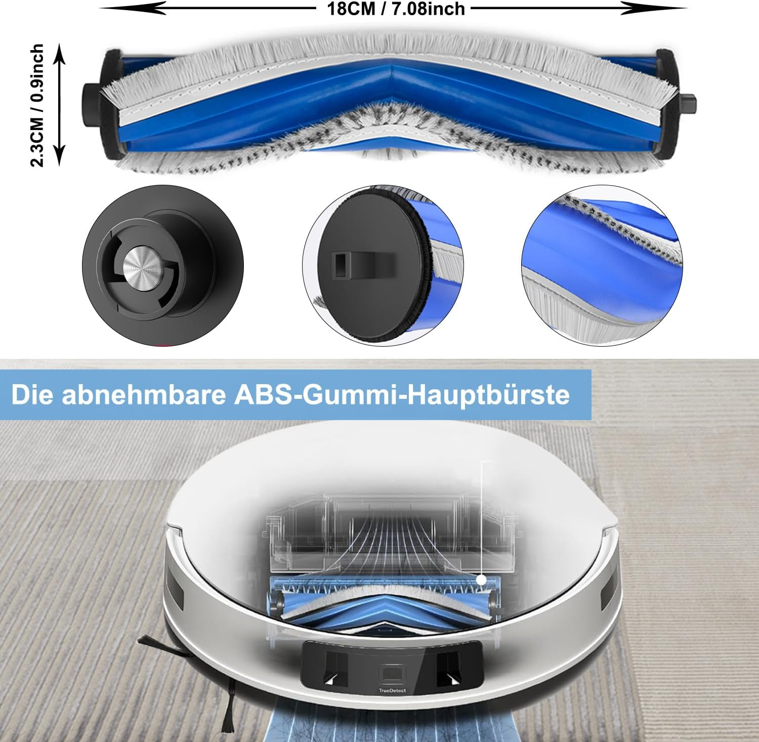 Robot odkurzający ze szczotką i schematem.