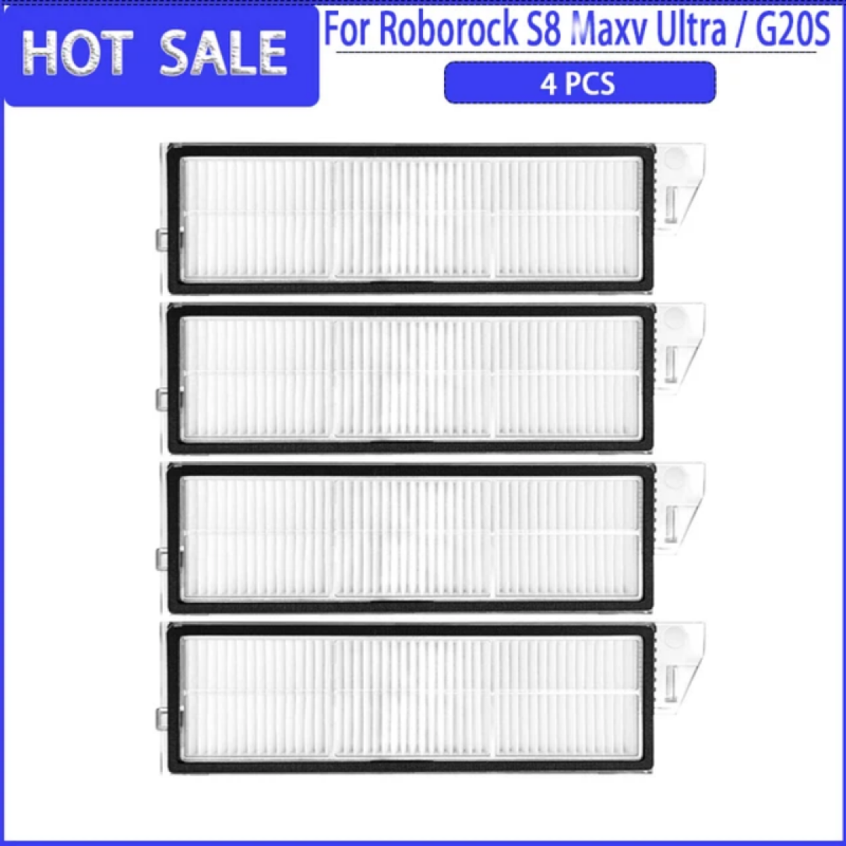 Vier rechteckige Filter mit weißem Filtermaterial für einen Roborock S8 Maxv Ultra/G20S.