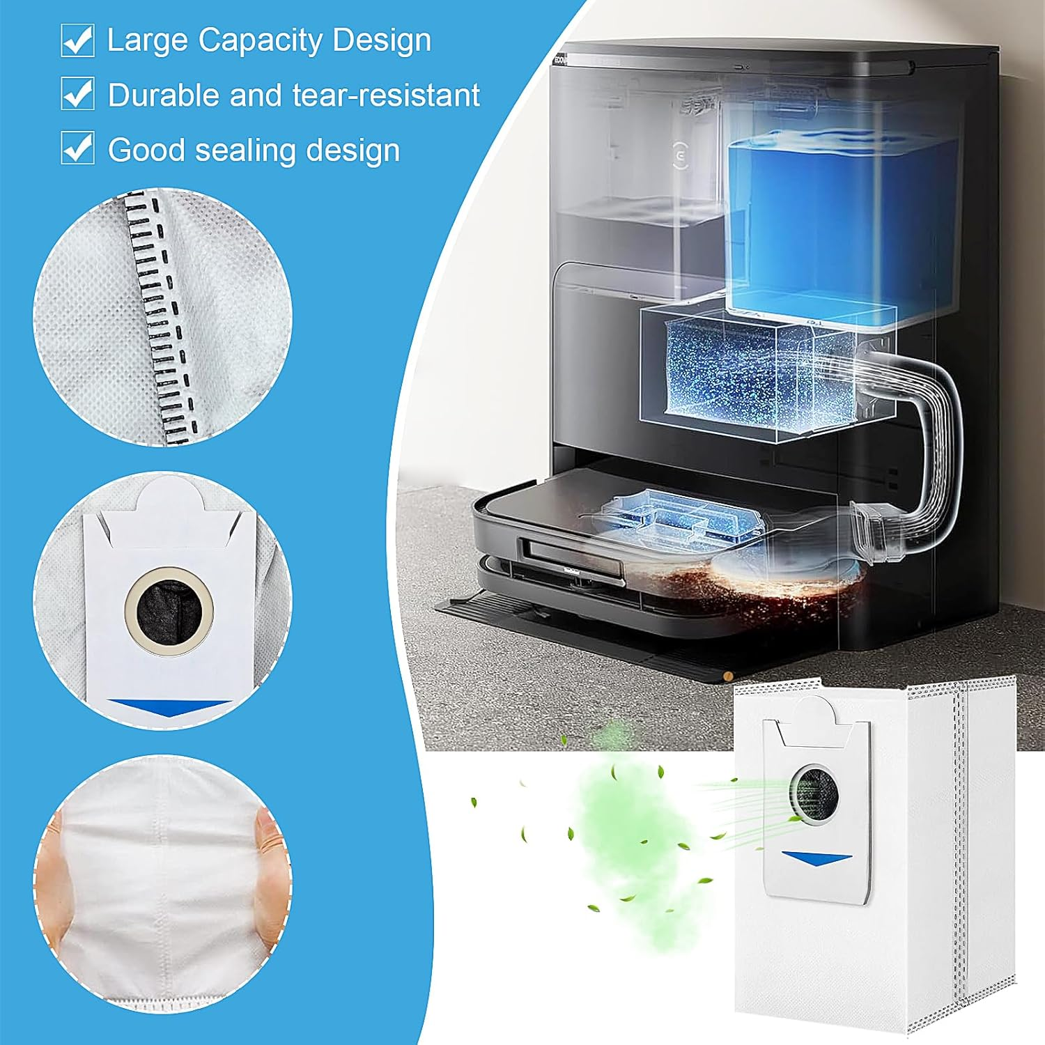 Odkurzacz z kilkoma szczegółowymi widokami elementów worka filtracyjnego i ogólnego projektu systemu.