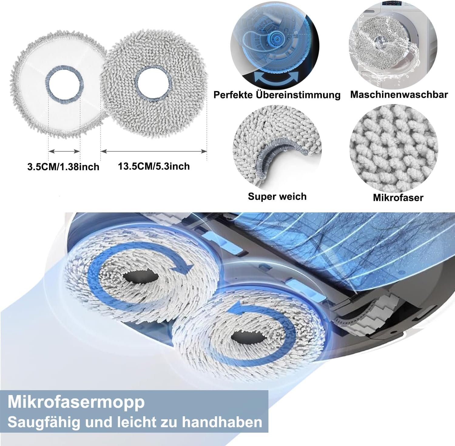 Zbliżenie dwóch nakładek do mopa z mikrofibry. Służą do czyszczenia i mają teksturowaną powierzchnię.