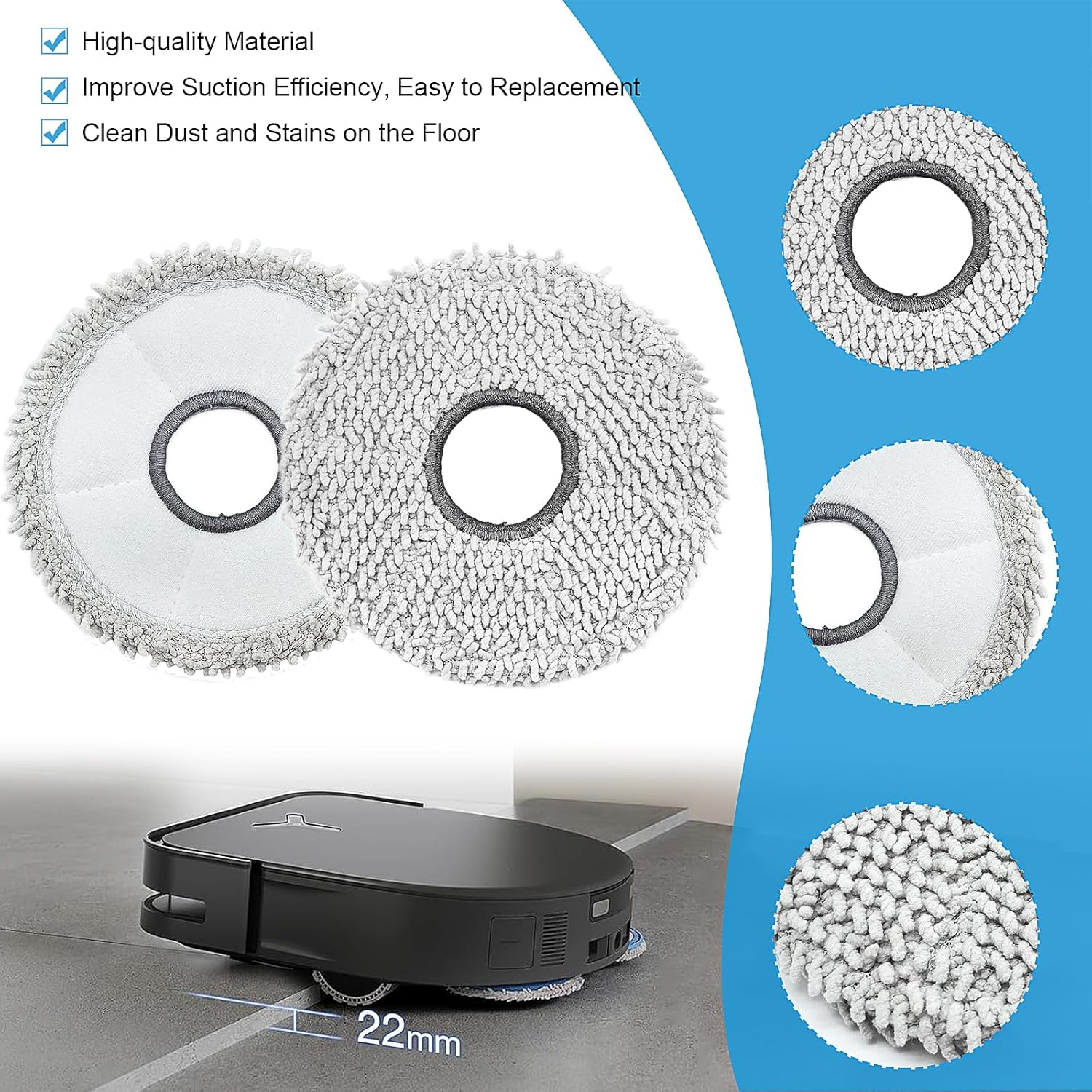 Robot odkurzający z nakładkami czyszczącymi i listą funkcji na niebieskim tle.