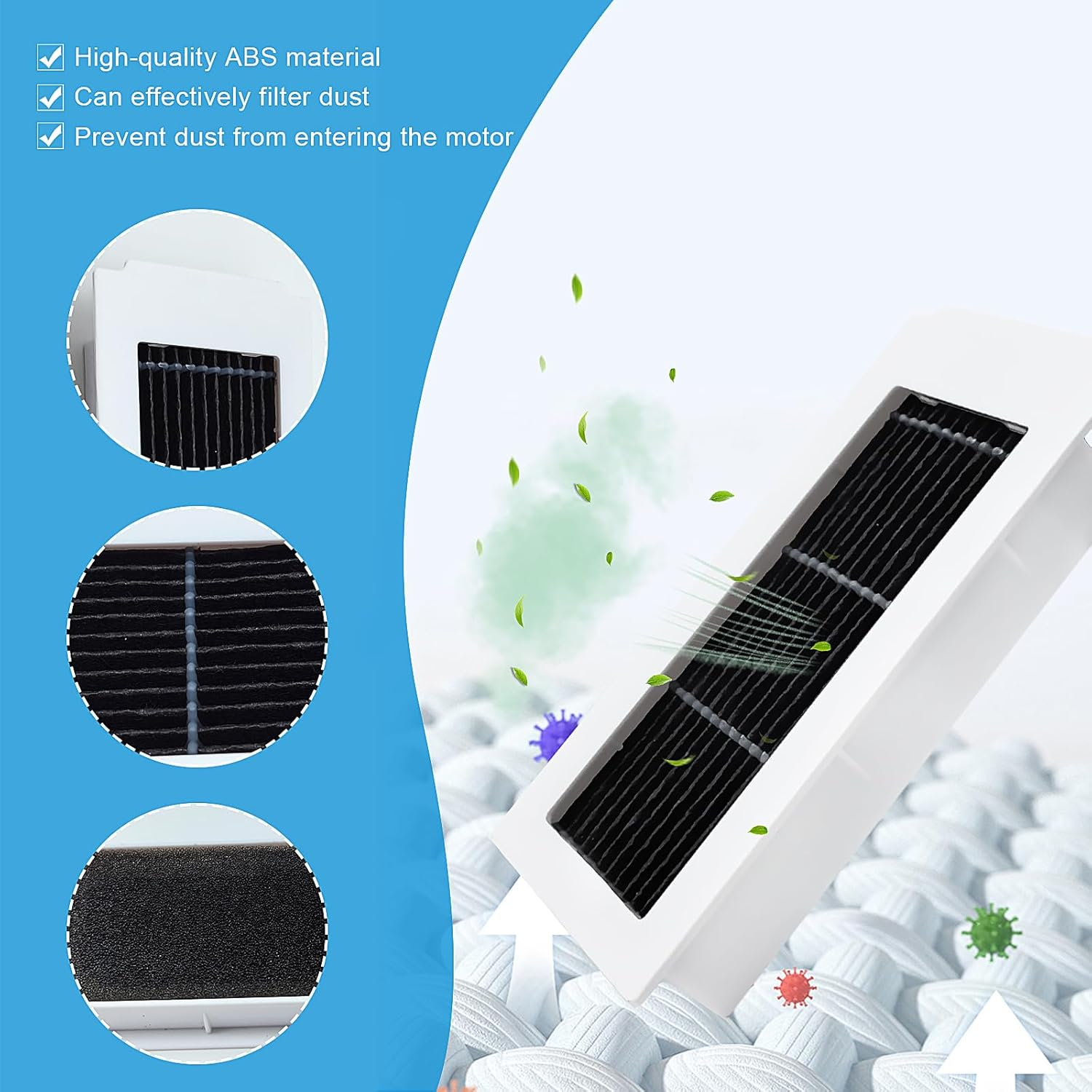 Białe elementy filtra z czarnymi kratkami filtra. Tekst mówi o wysokiej jakości materiale ABS i filtracji pyłu.