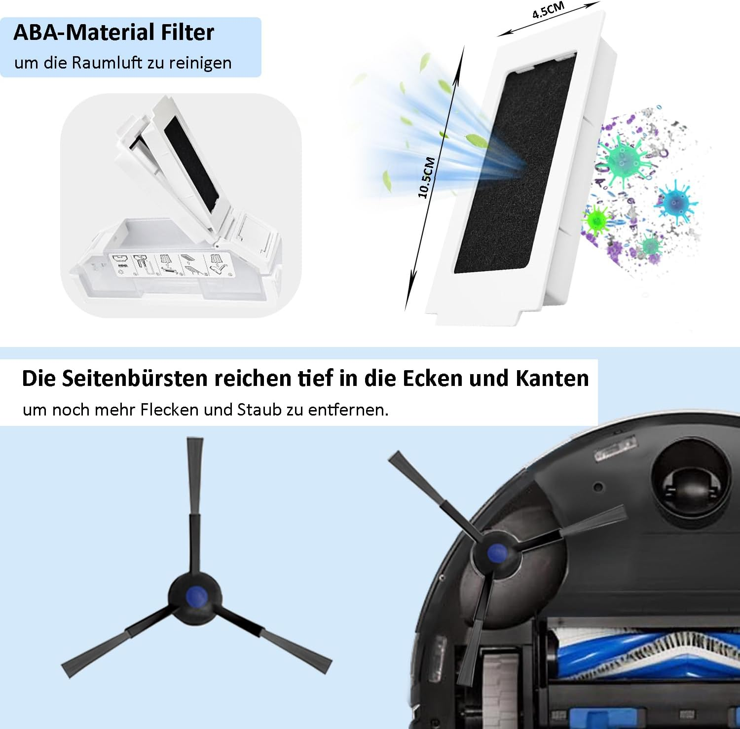 Zbliżenie białego filtra z dwiema szczotkami bocznymi i robotem odkurzającym w tle.