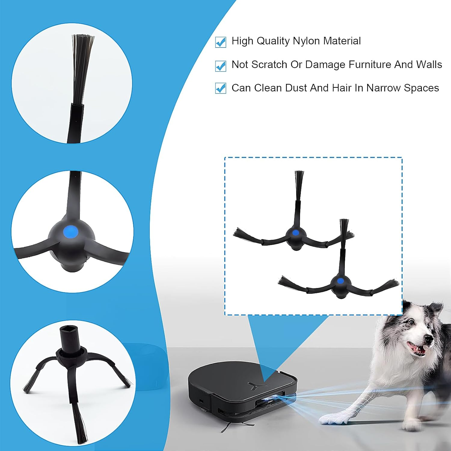 Robot sprzątający z trzema szczotkami i psem w tle, niebieskie tło.