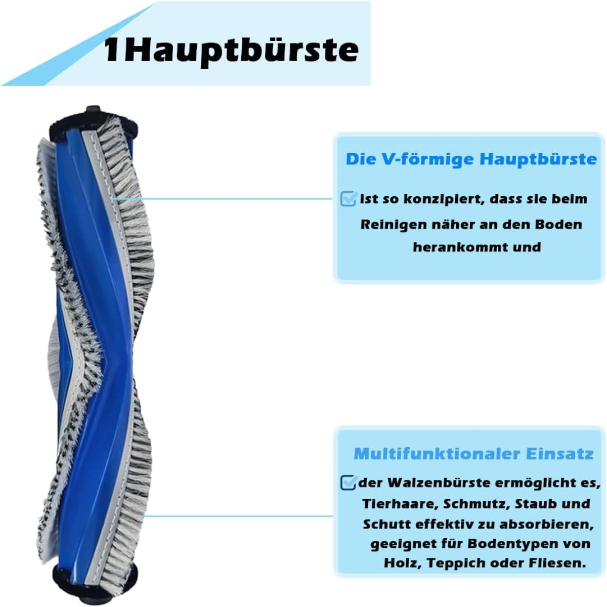 Zbliżenie szczotki do czyszczenia z tekstem w języku niemieckim. Szczotka jest niebiesko-biała, z tekstem.