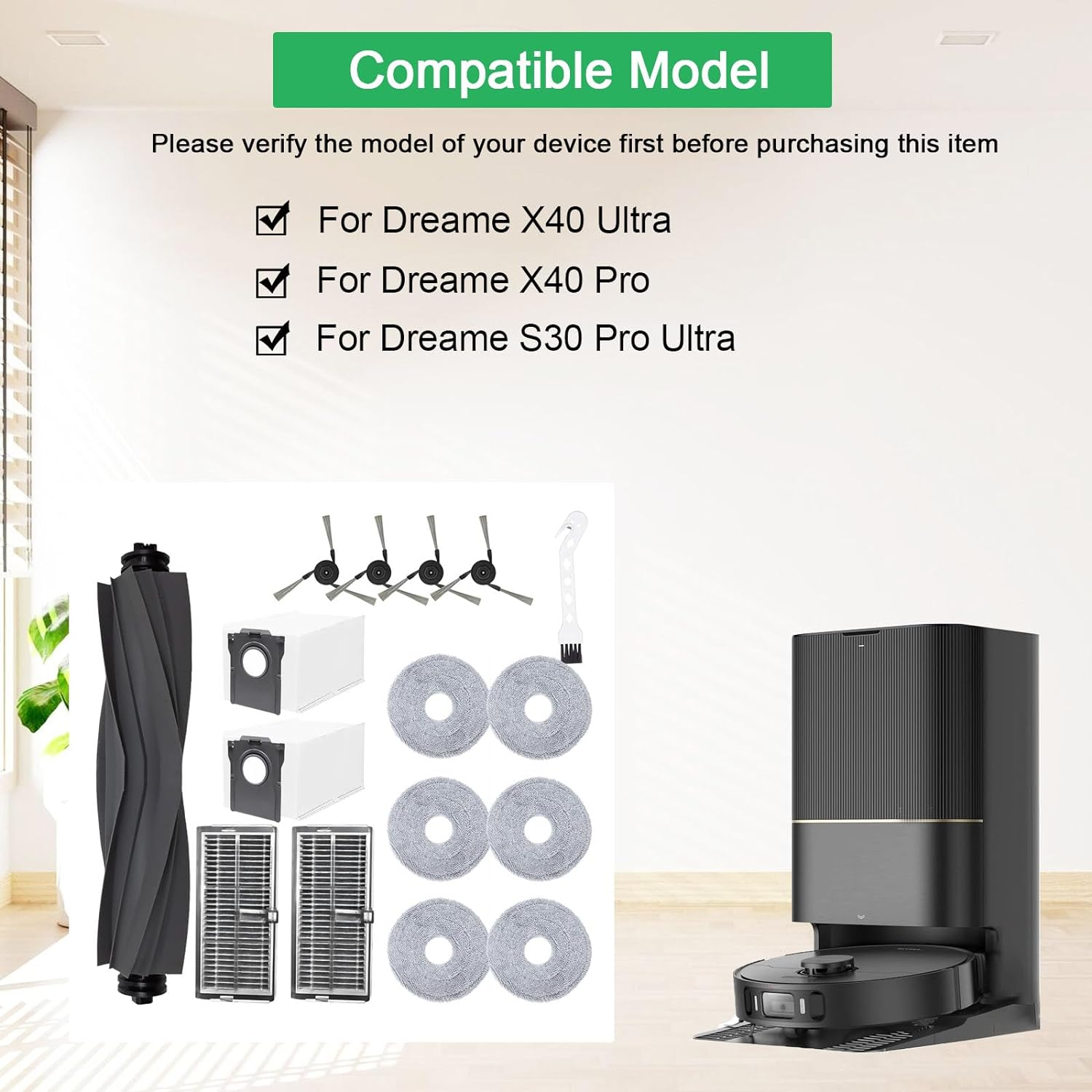 Zestaw akcesoriów do odkurzacza. Zawiera głowice szczotek, filtry i pady czyszczące. Białe tło.