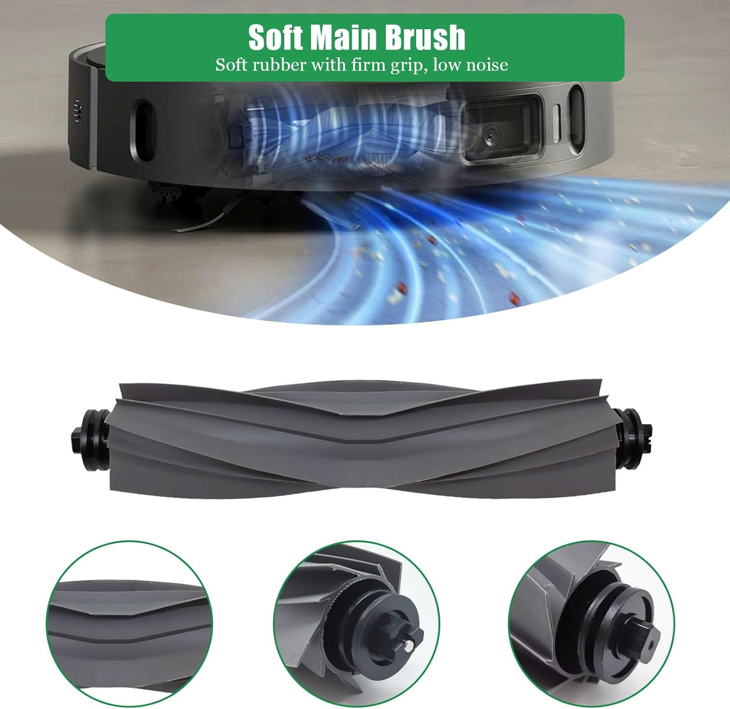 Odkurzacz automatyczny ze szczotką rolkową, miękką szczotką główną i dwoma widokami szczegółów.