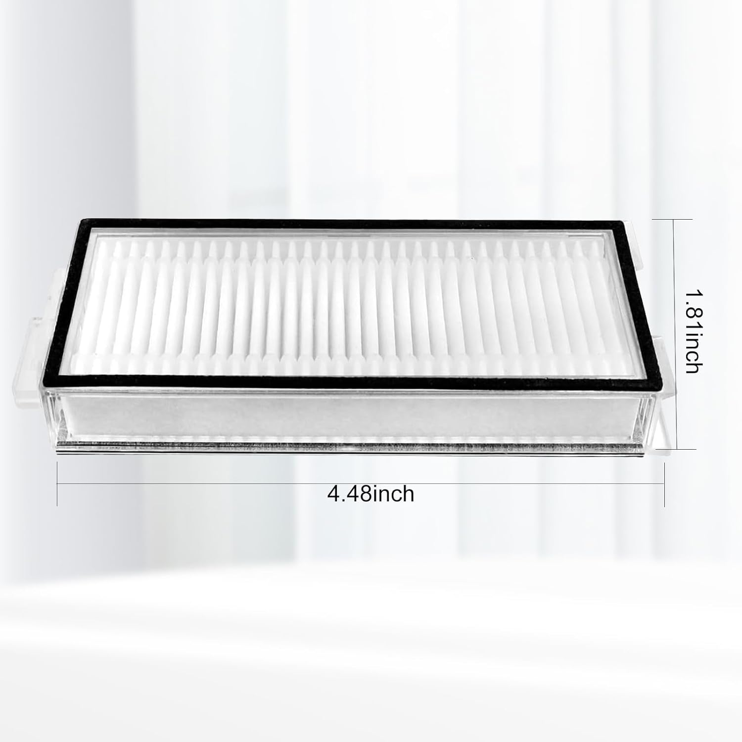 Biały filtr z wymiarami. Ma czarną ramkę i ma 4,48 cala długości i 1,81 cala wysokości.