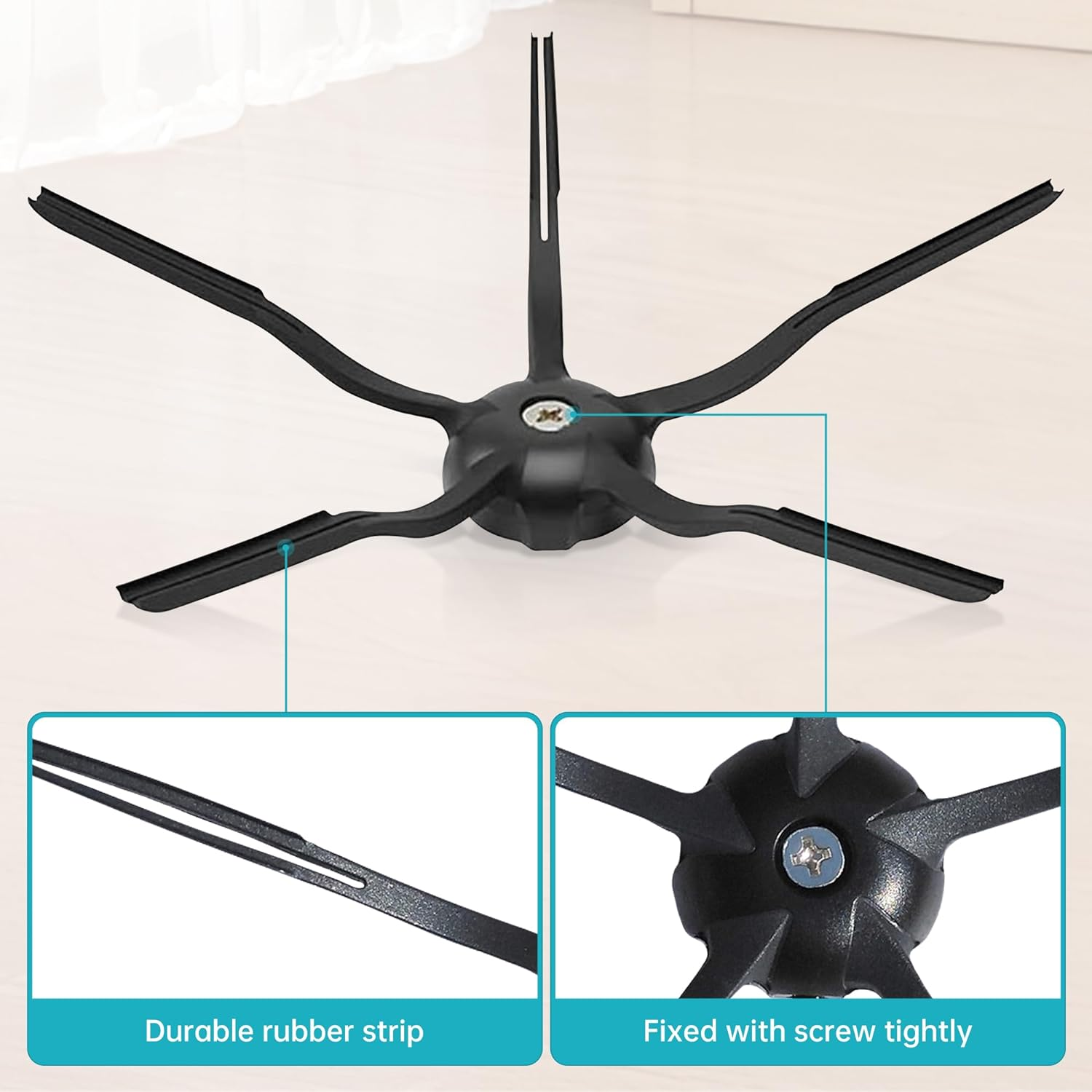 Czarny element odkurzacza. Posiada szczotki i szczegół śruby. Zbliżenie paska gumowego i śruby.