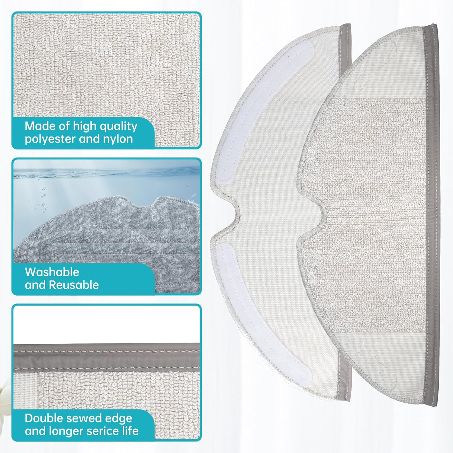 Zbliżenie na zmywalne i wielokrotnego użytku nakładki z mikrofibry do robota sprzątającego.