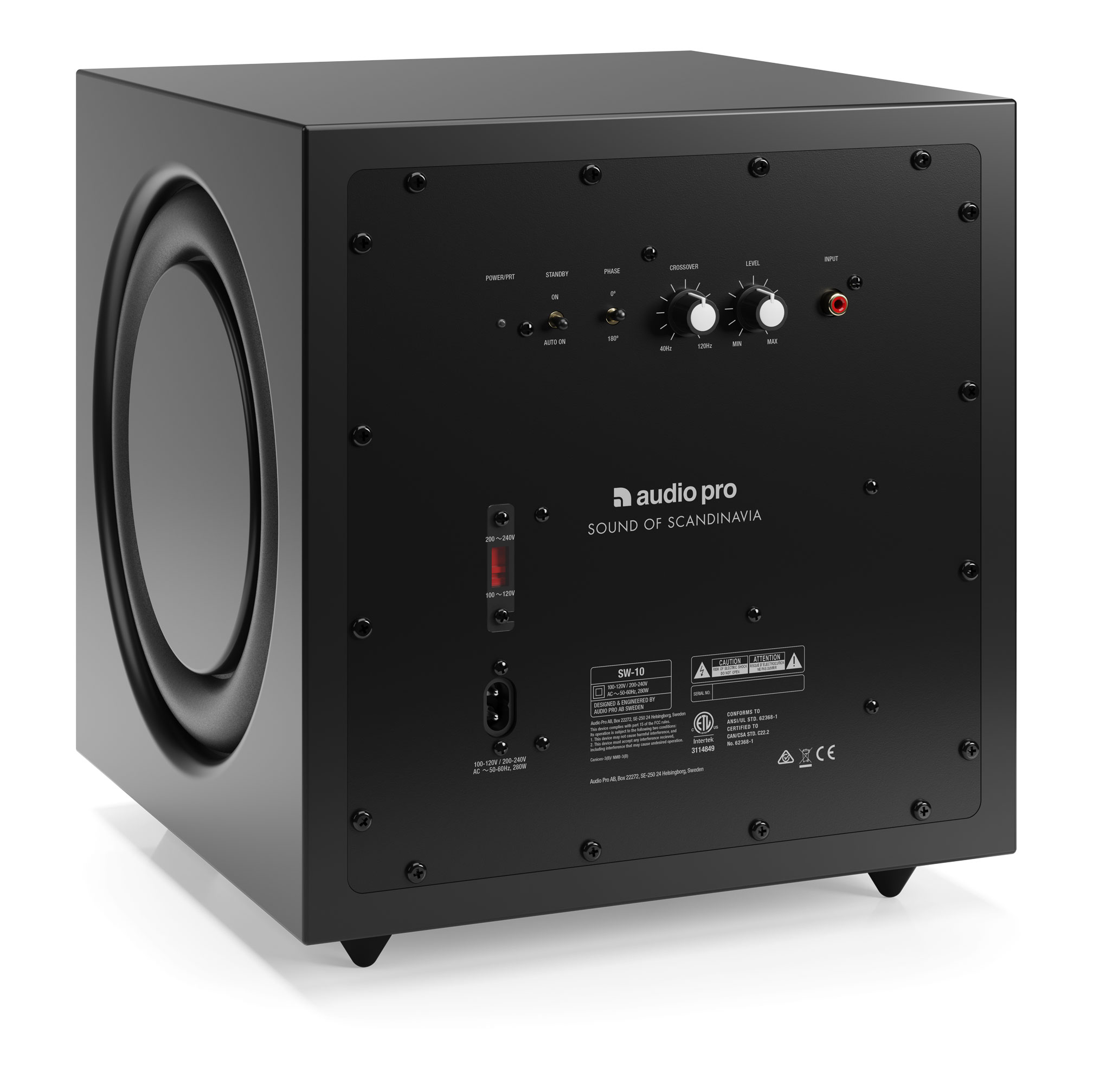 Un caisson de basses Audio Pro SW-10 noir avec commandes et une entrée d'alimentation sur le panneau arrière.
