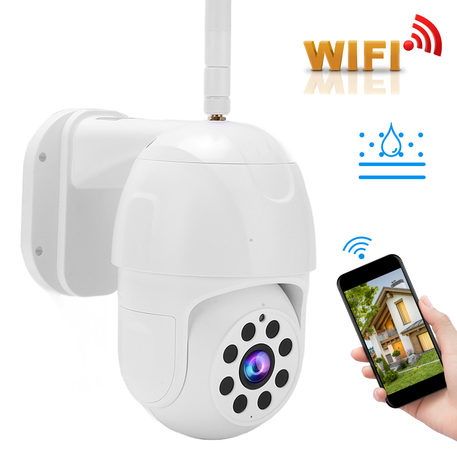 Weiße Überwachungskamera mit Antenne und Telefon mit Hausbild.