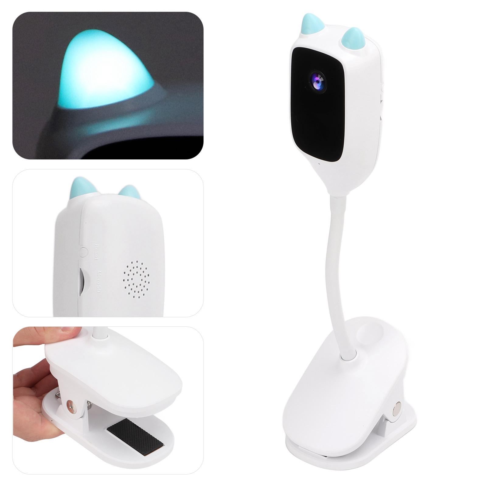 Ein weißer Babyphone mit Katzenohren, Nahaufnahmen der Kameradetails und eines Clips zeigend.