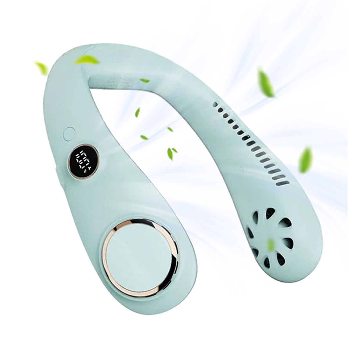 Nackenventilator, hellblau, gebogene Form, mit Digitalanzeige und Blättern.
