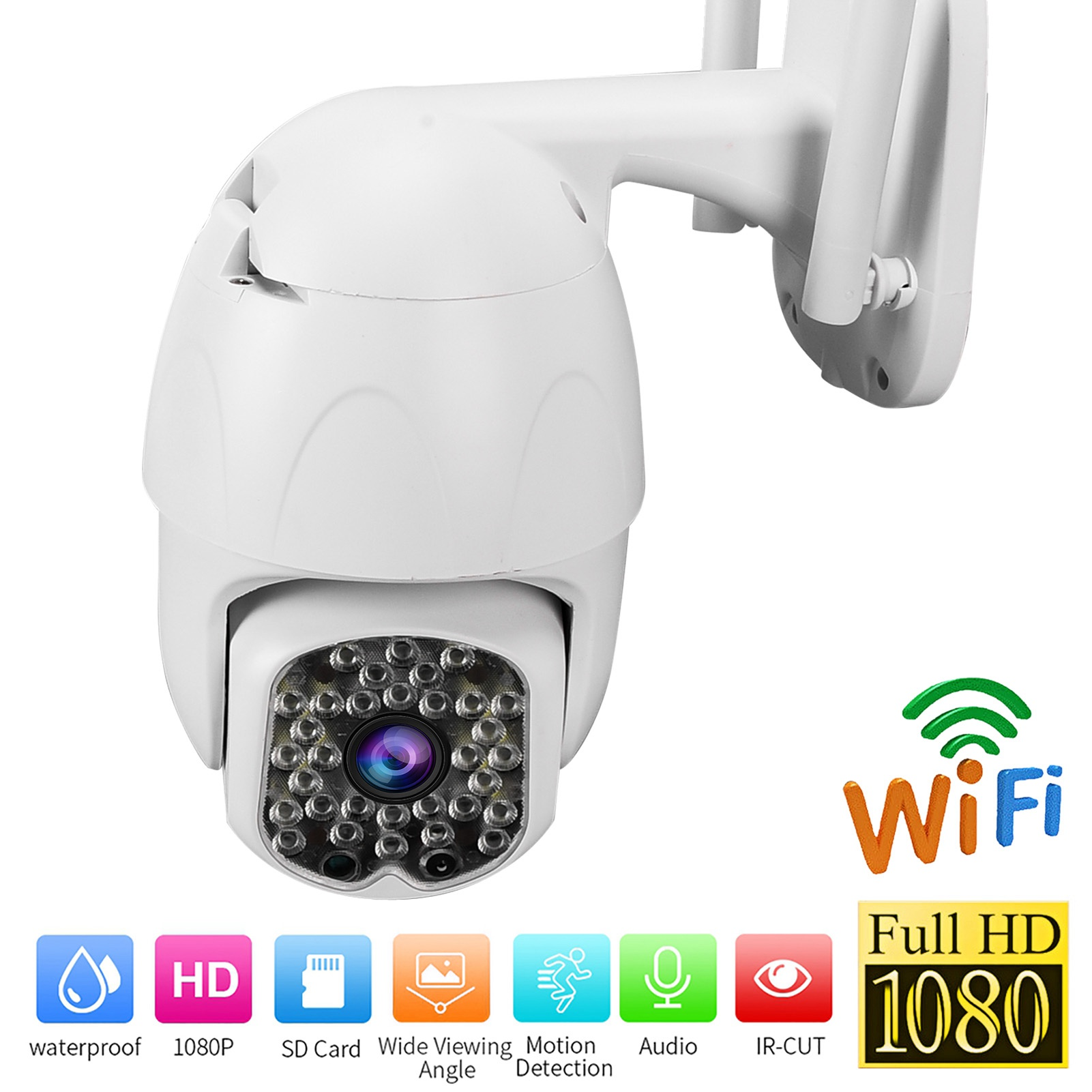 Eine weiße Überwachungskamera mit WLAN. Sie ist Full HD 1080P, wasserdicht und hat Bewegungserkennung und IR-CUT.