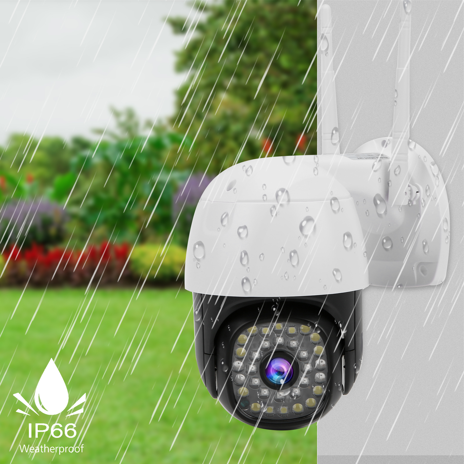 Weiße Überwachungskamera im Regen. IP66 Wetterfest-Etikett unten links.