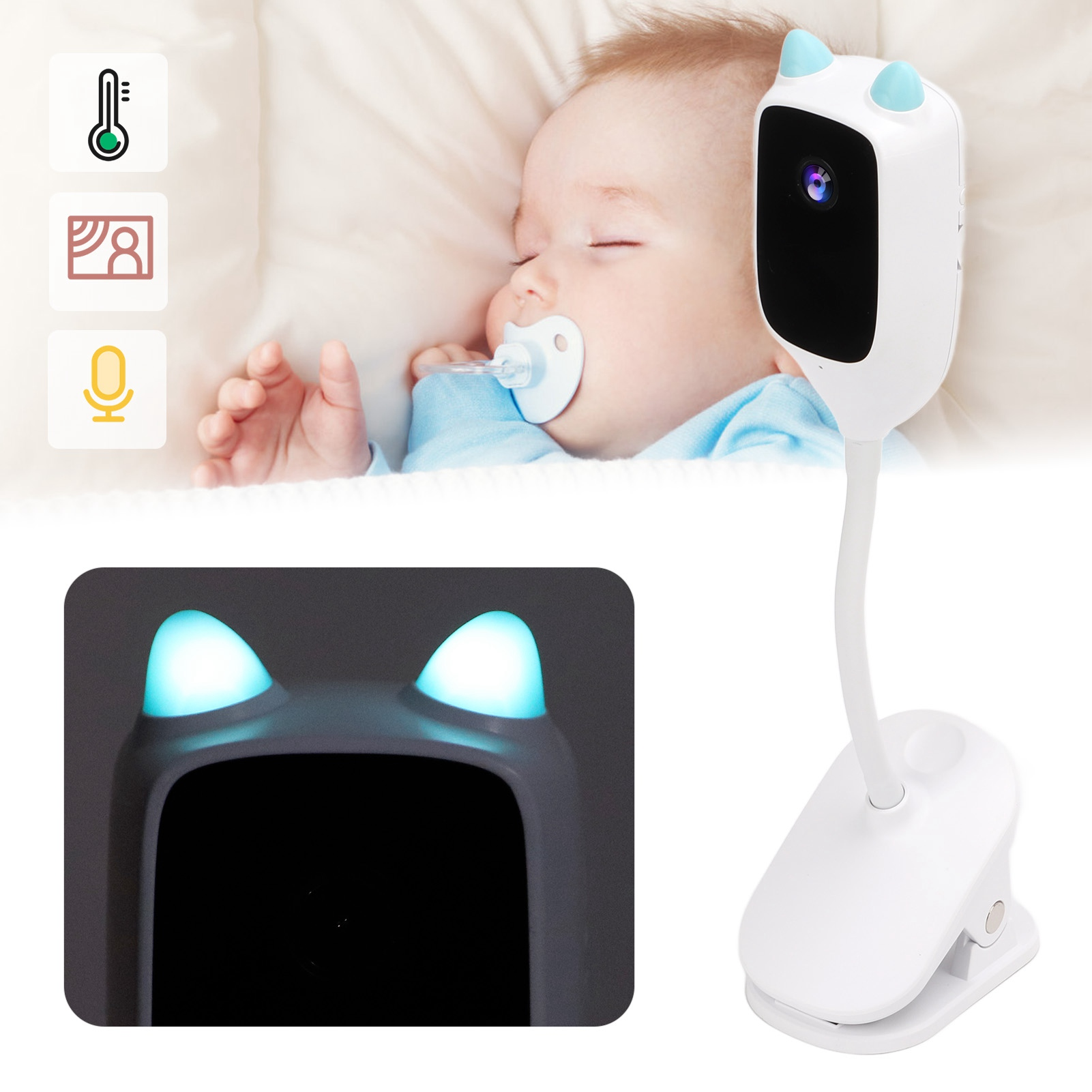 Babyphone mit schlafendem Baby im Hintergrund. Kamera ist weiß mit blauen Ohren, an einem Clip befestigt.