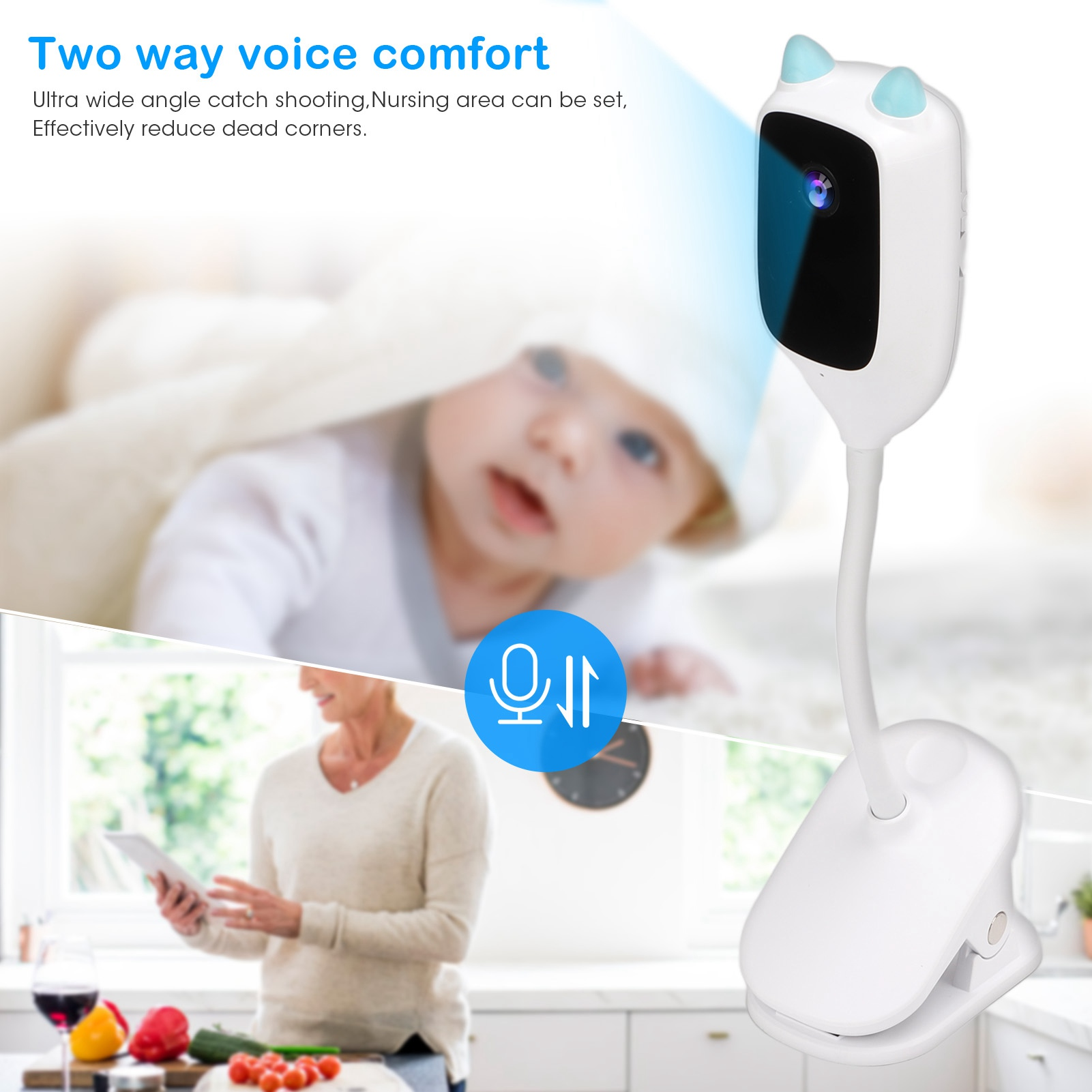 Babyphone mit einer Kamera in Katzenform. Ein Baby ist im Hintergrund. Eine Frau benutzt ein Tablet.