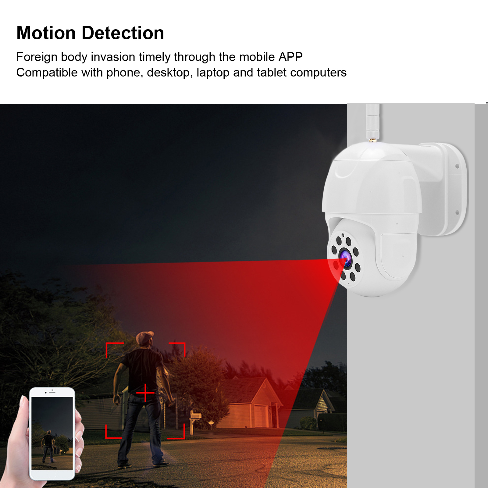 Eine weiße Überwachungskamera an einer Wand, roter Lichtstrahl, eine Person und ein Telefon.