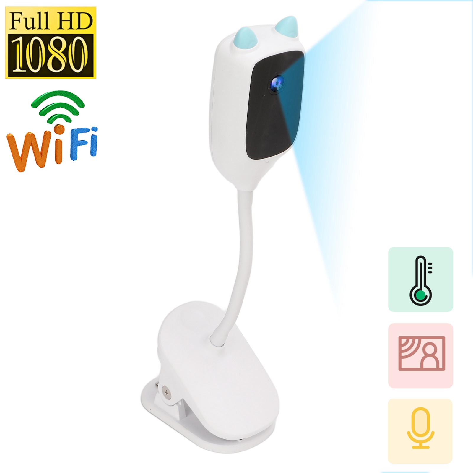 Ein weißer Babyphone mit blauen Ohren, WLAN-Symbol und Temperatur-, Personen- und Mikrofon-Icons.