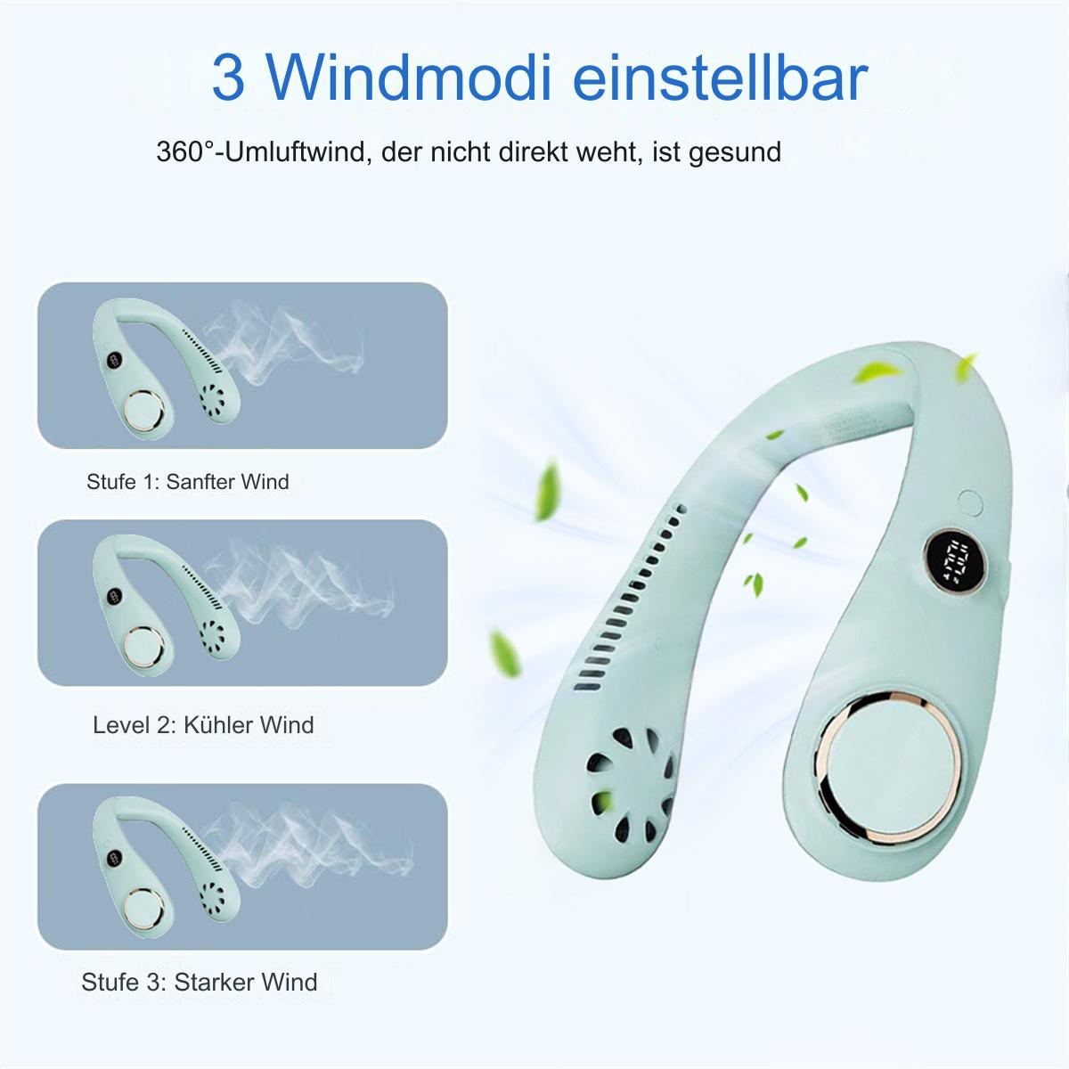 Ein tragbarer Nackenfächer mit drei Einstellungen, der den Ventilator und seine Kühlstufen zeigt.
