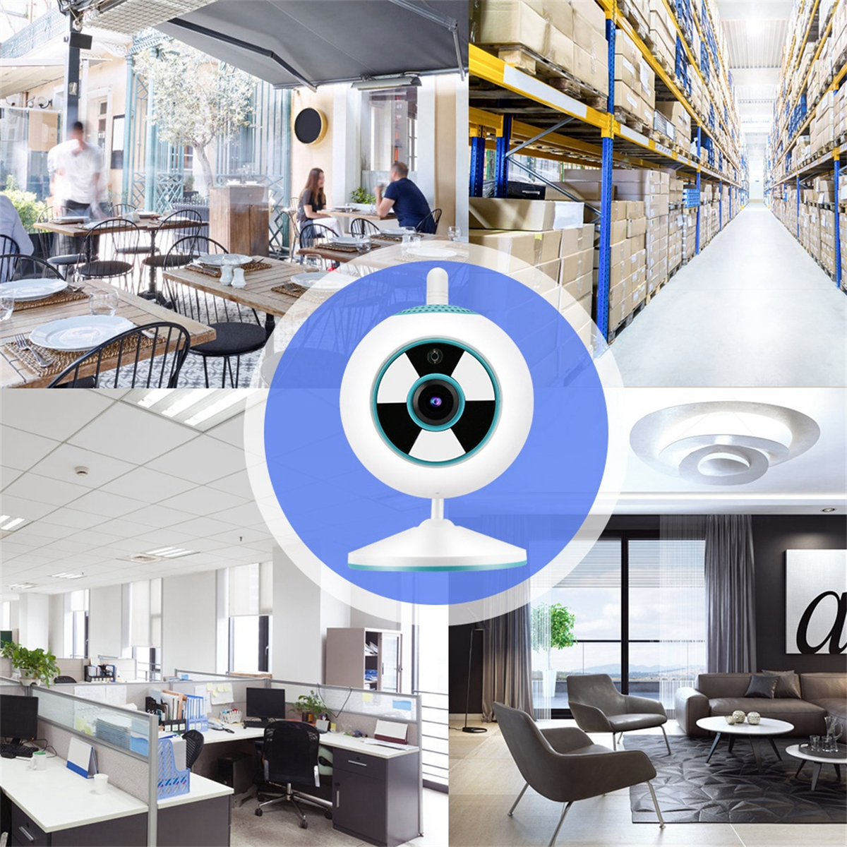 Eine Collage von Bildern mit verschiedenen Szenen: ein Restaurant, ein Lager, ein Büro und ein Wohnzimmer.