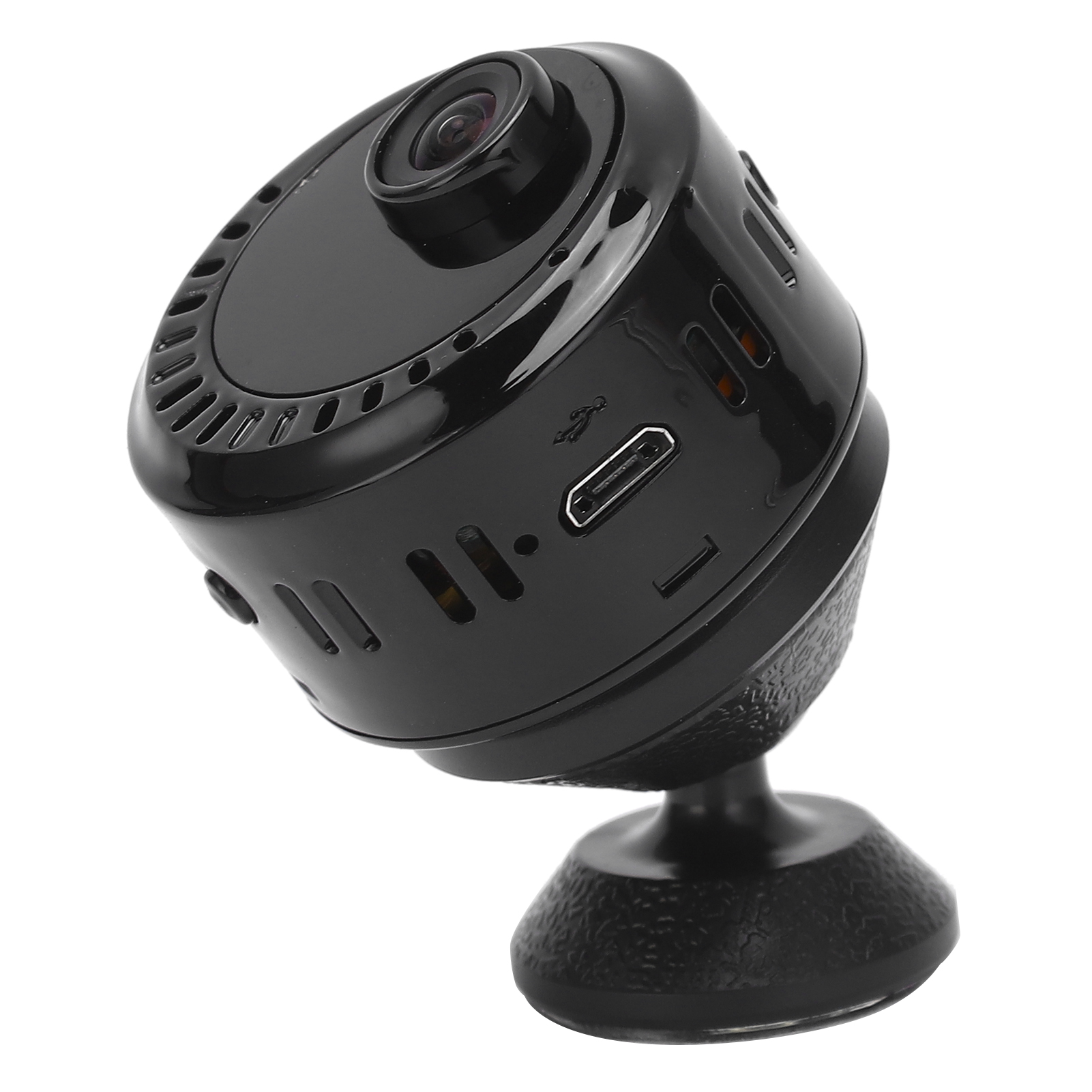 Kleine schwarze Überwachungskamera mit rundem Körper und Ständer. Mit USB-Anschluss und Objektiv.