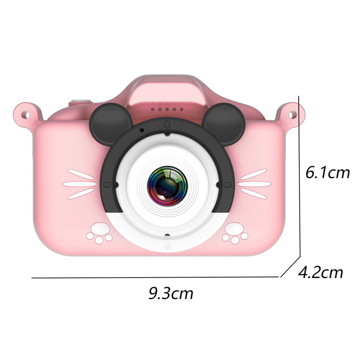 Rosa Spielzeugkamera mit schwarzen Ohren, einem Objektiv und beschrifteten Abmessungen. Katzenähnliches Design.