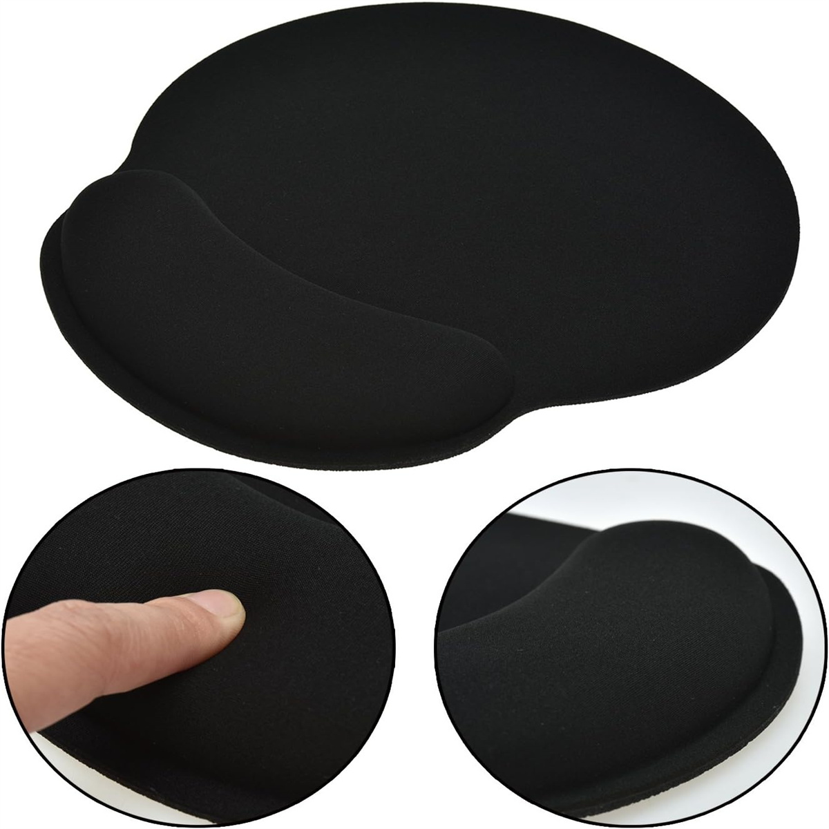 Schwarzes ergonomisches Mauspads mit Handgelenkauflage. Ein Finger berührt das Pad. Weißer Hintergrund.