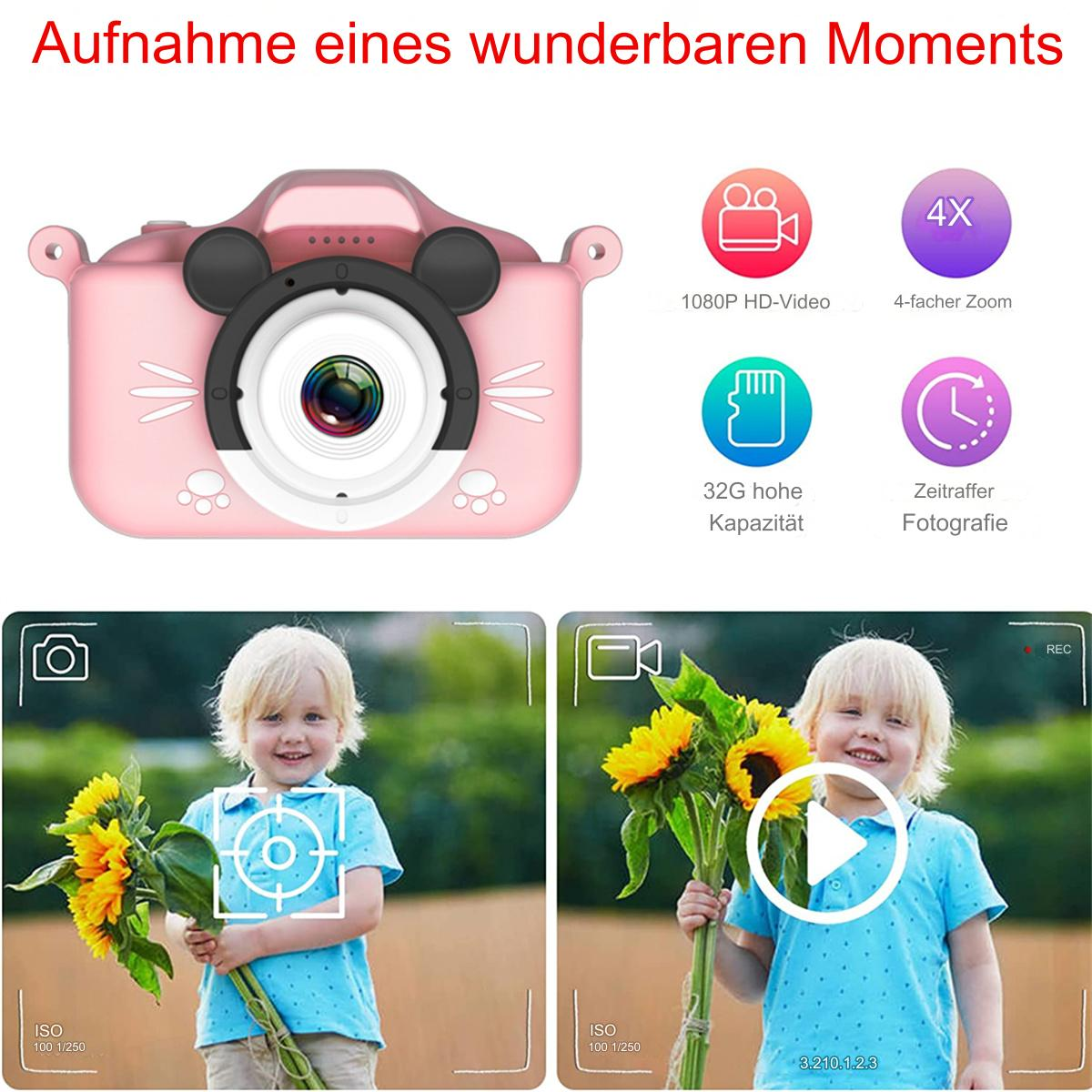Eine rosa Spielzeugkamera, mit einem Kind, das einen Sonnenblumenstrauß hält. Bilder zeigen die Funktionen der Kamera.