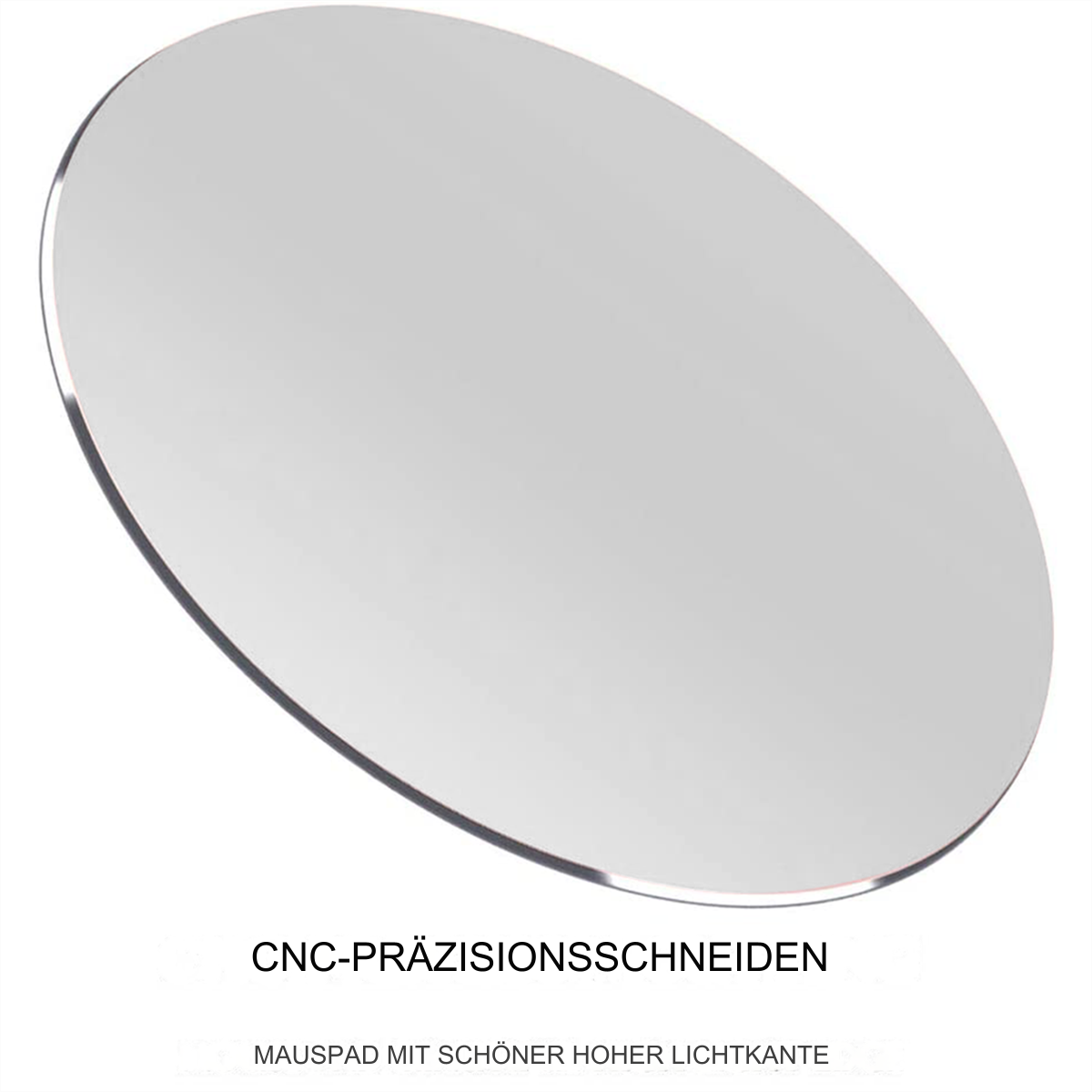 Ein silbernes, kreisförmiges, reflektierendes Mousepad. Die Kanten sind hervorgehoben und es hat eine glatte Oberfläche.