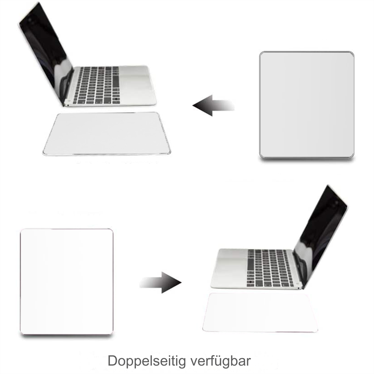 Laptop und weißes Pad. Pfeile zeigen das Pad als Abdeckung und als Basis für den Laptop.