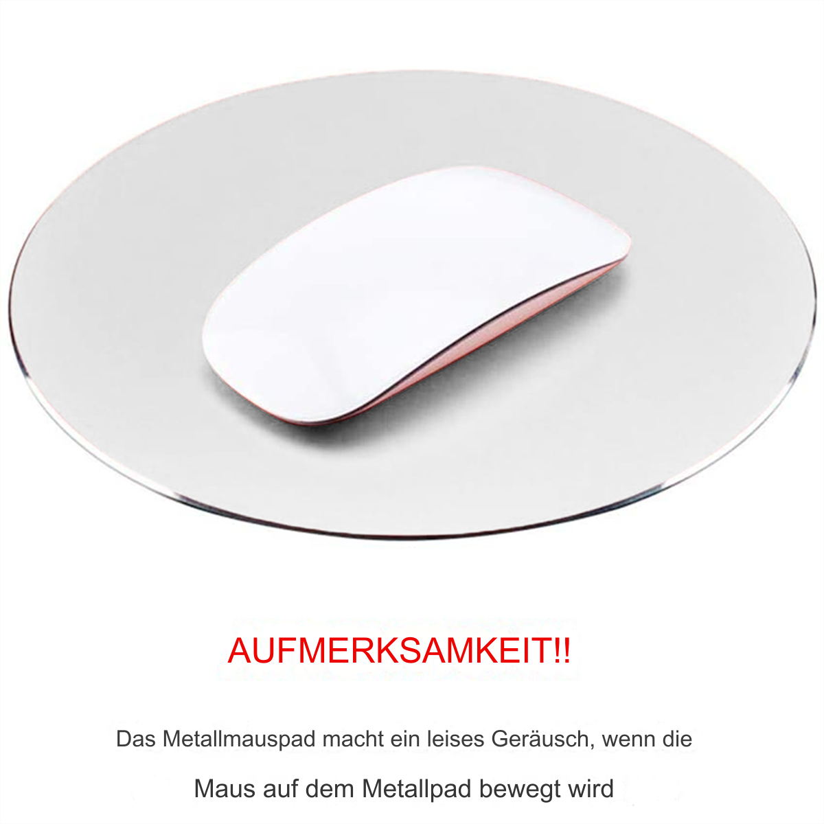 Eine weiße Maus auf einem silbernen, kreisförmigen Mauspad. Der Text lautet 'Achtung!!'