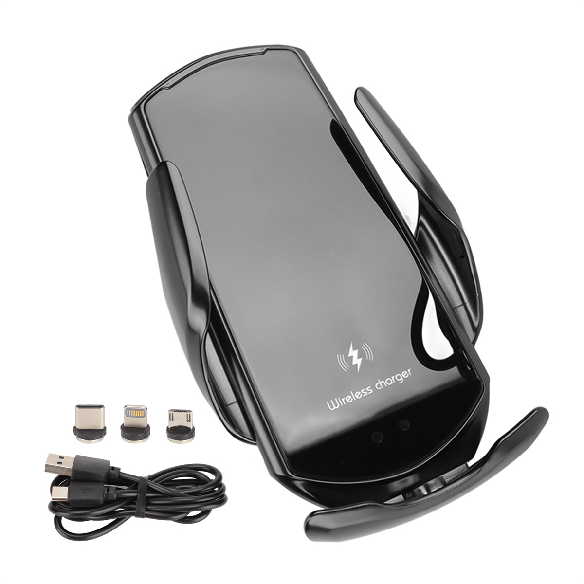 Schwarzes kabelloses Ladegerät für Telefone. Telefonhalter, USB-Kabel und verschiedene Ladeansätze sind gezeigt.