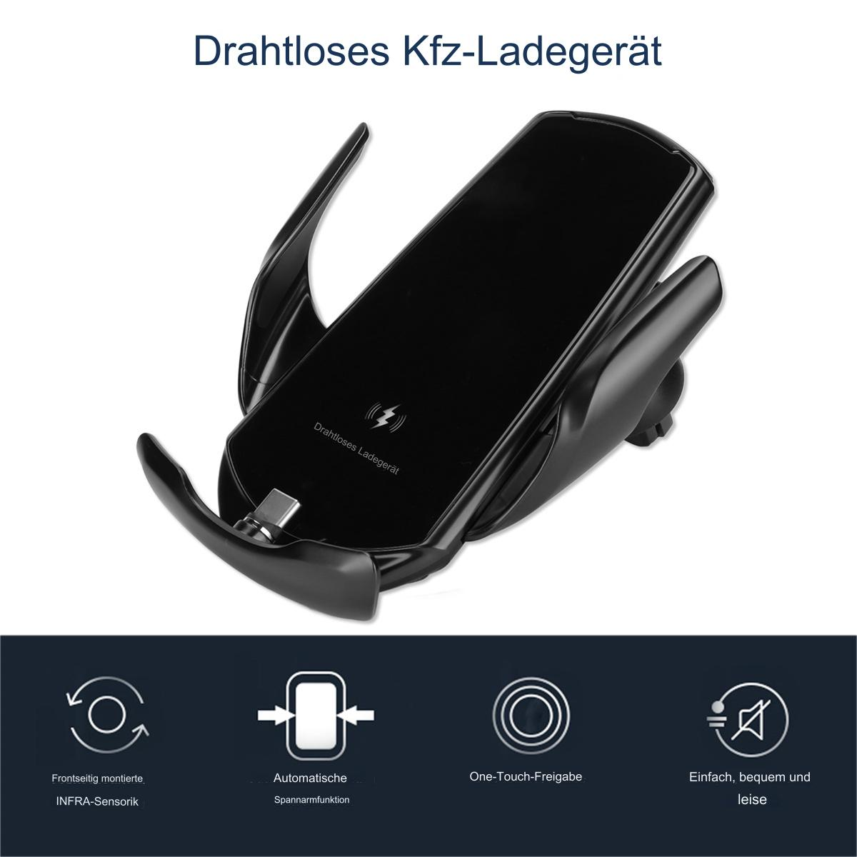 Schwarzes kabelloses Autoladegerät mit Ladefläche. Enthält eine Telefonhalterung und Ladeanzeigen. Weißer Hintergrund.