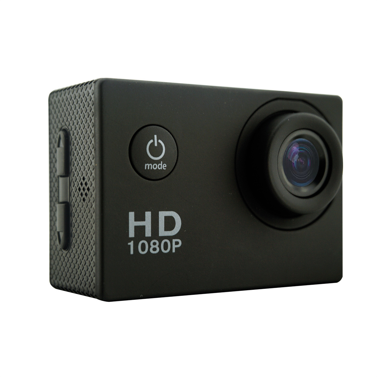 Schwarze Action-Kamera mit Power-Taste und HD 1080P-Text.