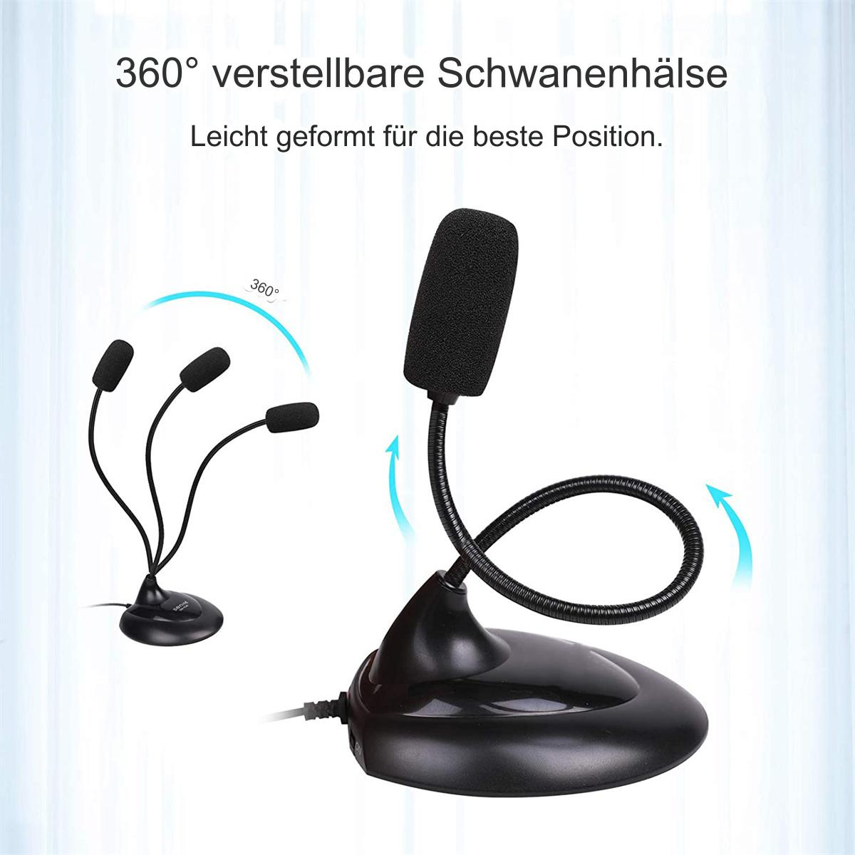 Schwarzes Mikrofon mit flexiblem Schwanenhals und Ständer. 3 zusätzliche Mikrofone im Hintergrund.