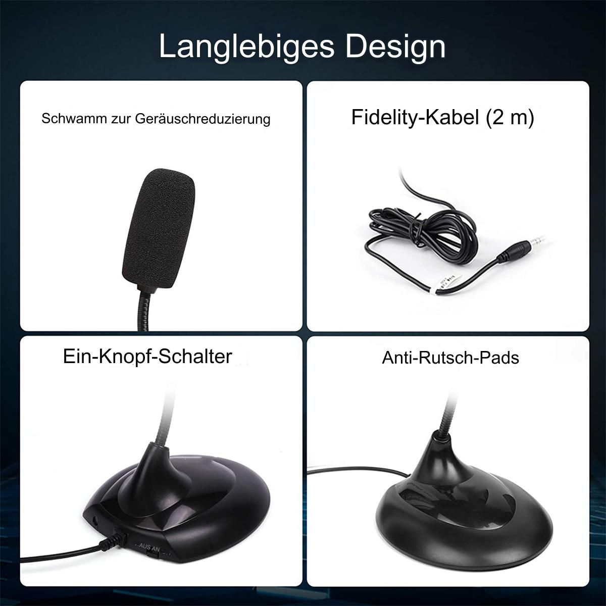 Nahaufnahmen von Mikrofon, Kabel und Sockel. Text in Deutsch beschreibt die Merkmale der Komponenten.