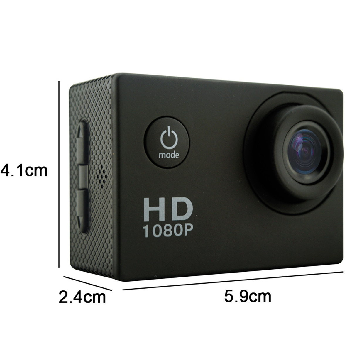 Eine schwarze Action-Kamera mit Abmessungen, einem Ein- / Aus-Schalter und der Aufschrift 'HD 1080P'.