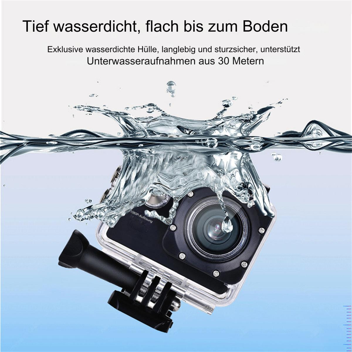 Eine Unterwasser-Action-Kamera, die in Wasser getaucht ist. Blasen und Wasser spritzen um die Kamera und ihr Gehäuse.
