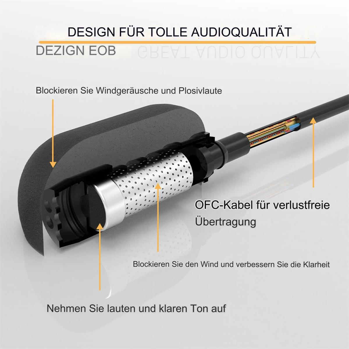 Ein schwarzes Audiokabel mit Diagrammen, die auf die Klangqualität und die internen Komponenten zeigen, mit Textbeschriftungen.